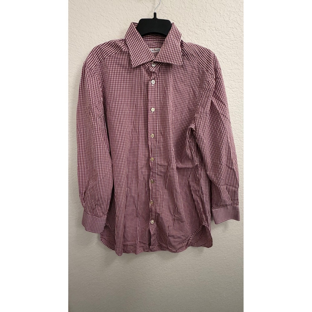Kiton Mens Burgundy White Gingham Check Long Sleeve Button Down Shirt Size L